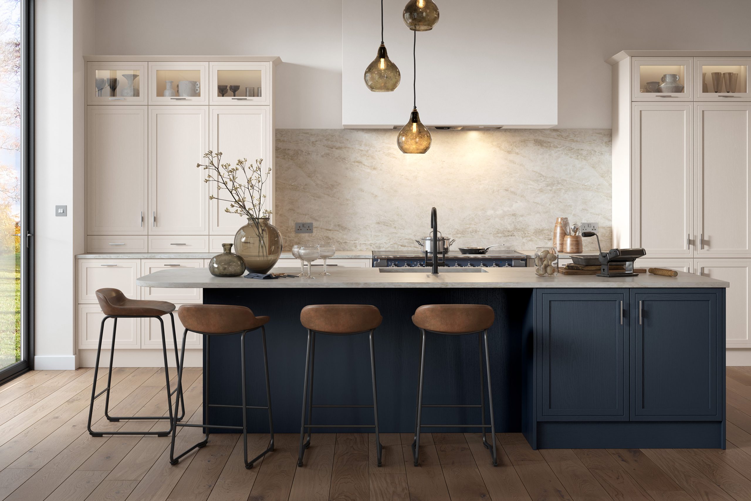 Arrington Shell and Slate Blue with kitchen island unit