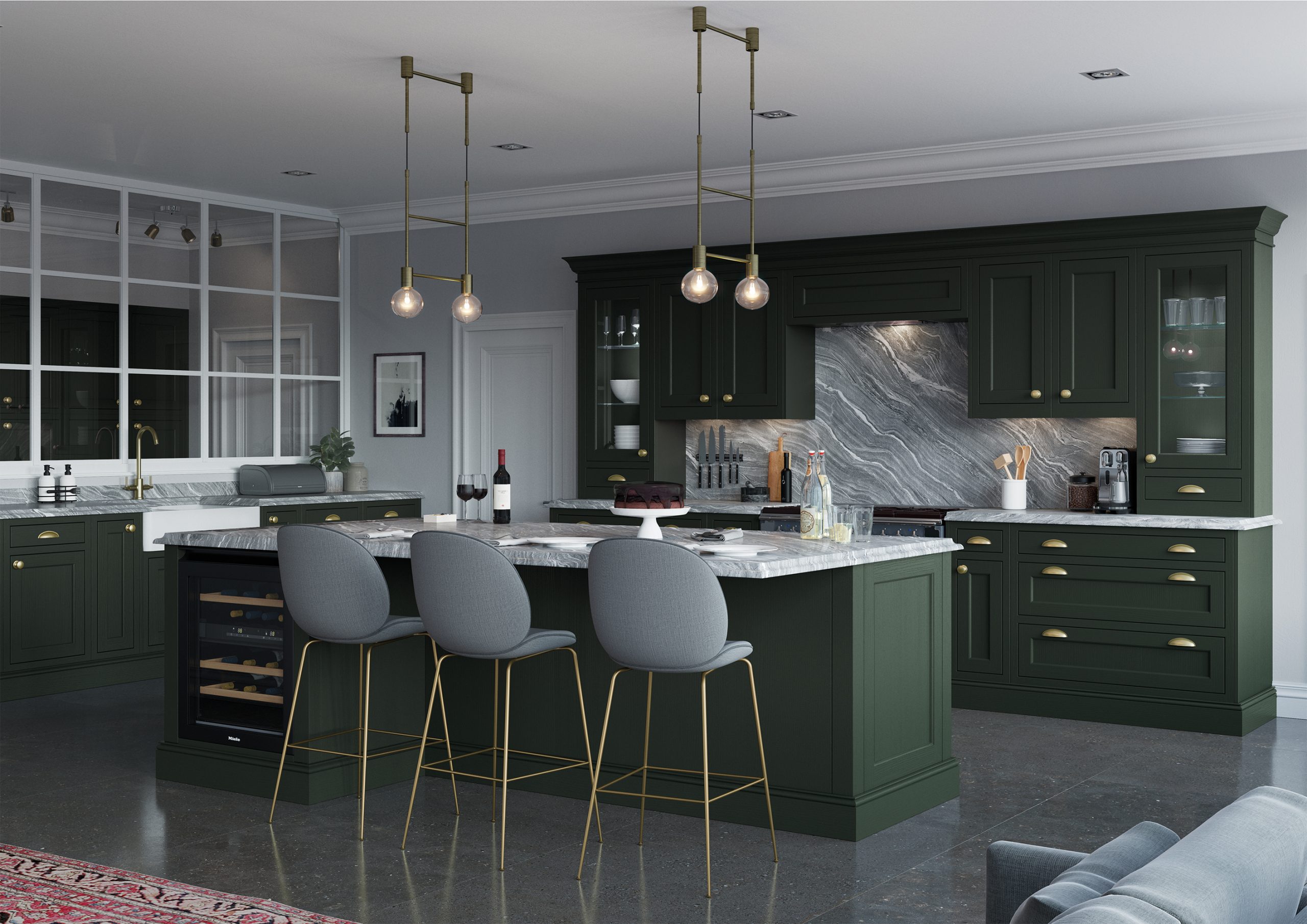 Belgravia Deep Forest green kitchen with large kitchen island kitchen chairs hob oven and downlighters