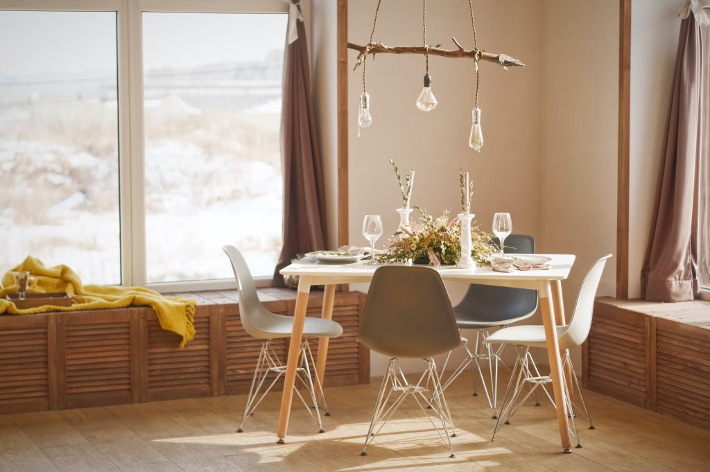stylish rustic pendant lights over a dining table