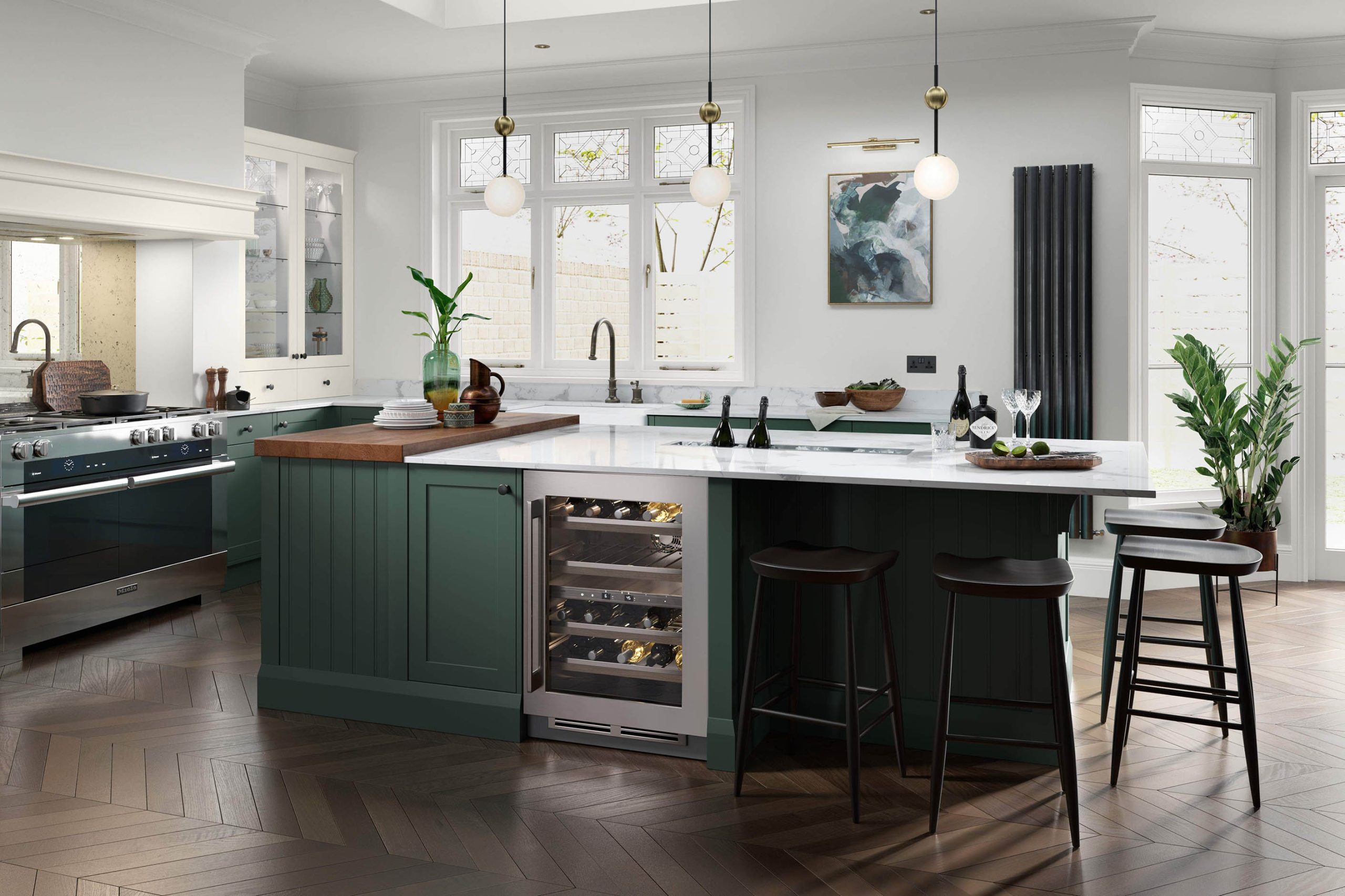 Clifden Heritage Green and Porcelain kitchen island built in wine fridge kitchen island large kitchen windows