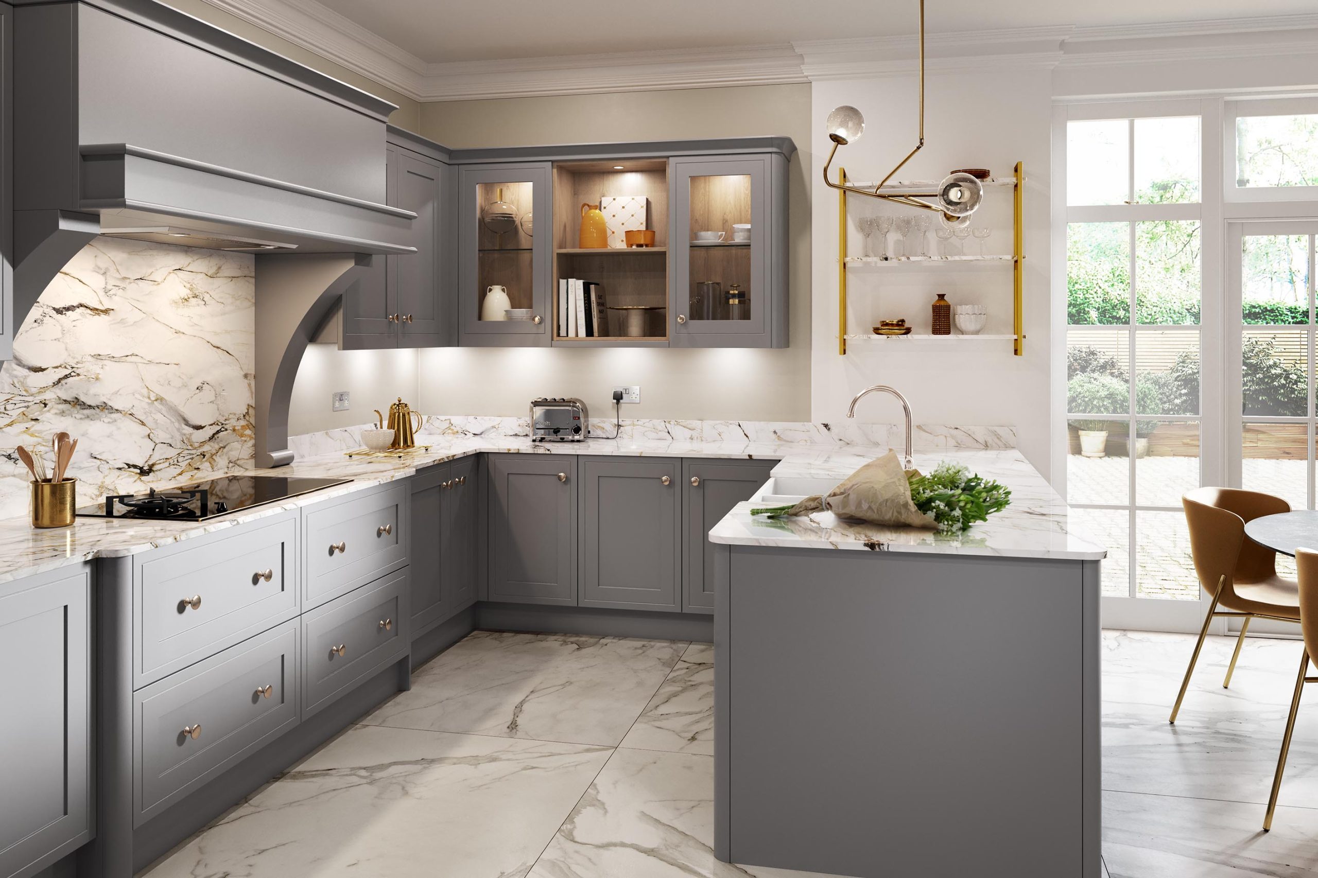 Ellesmere Dust Grey kitchen with induction hob glass door cabinets and kitchen peninsular