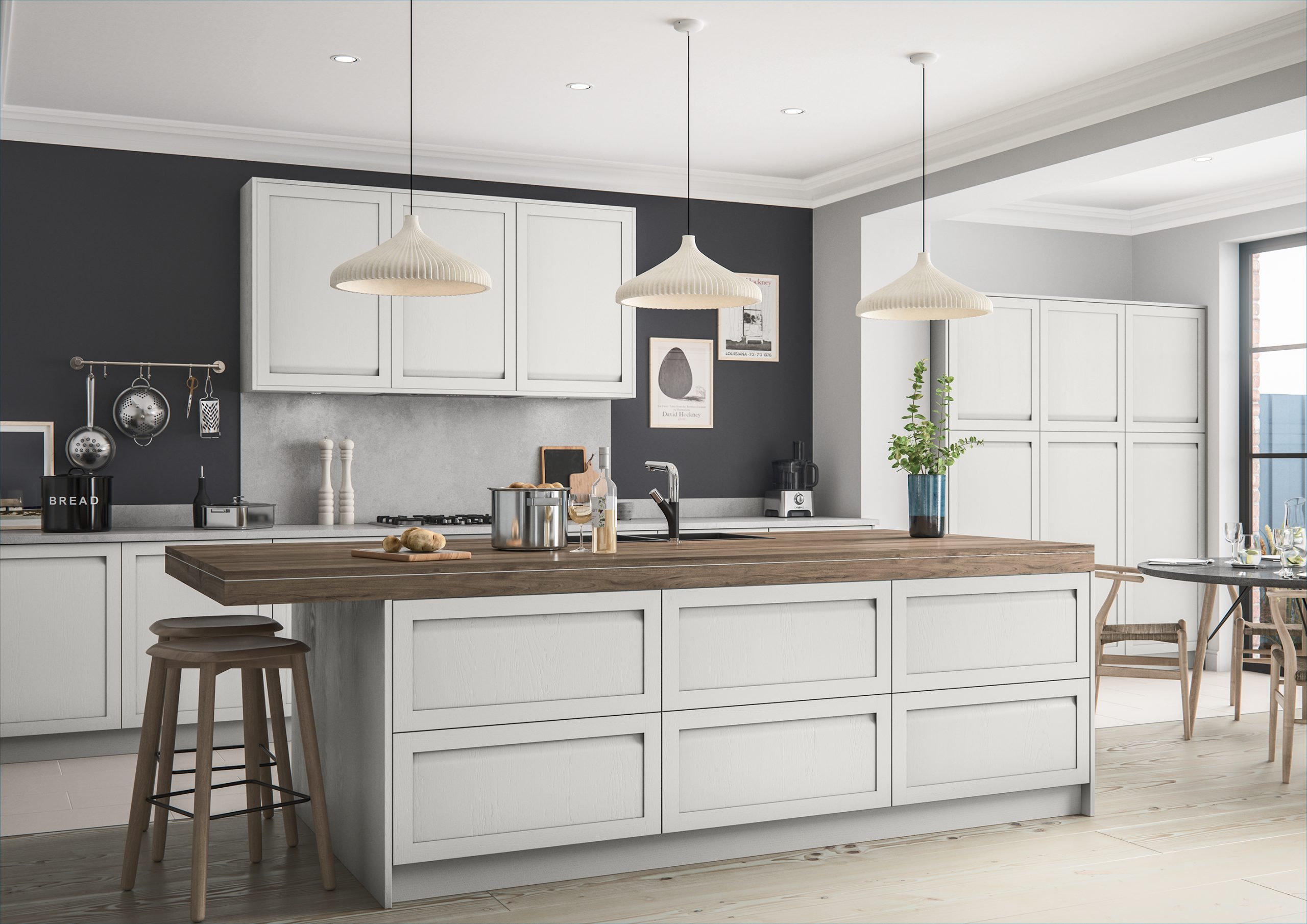 Harborne Light Grey kitchen integrated handle wood oak worktop kitchen downlighters