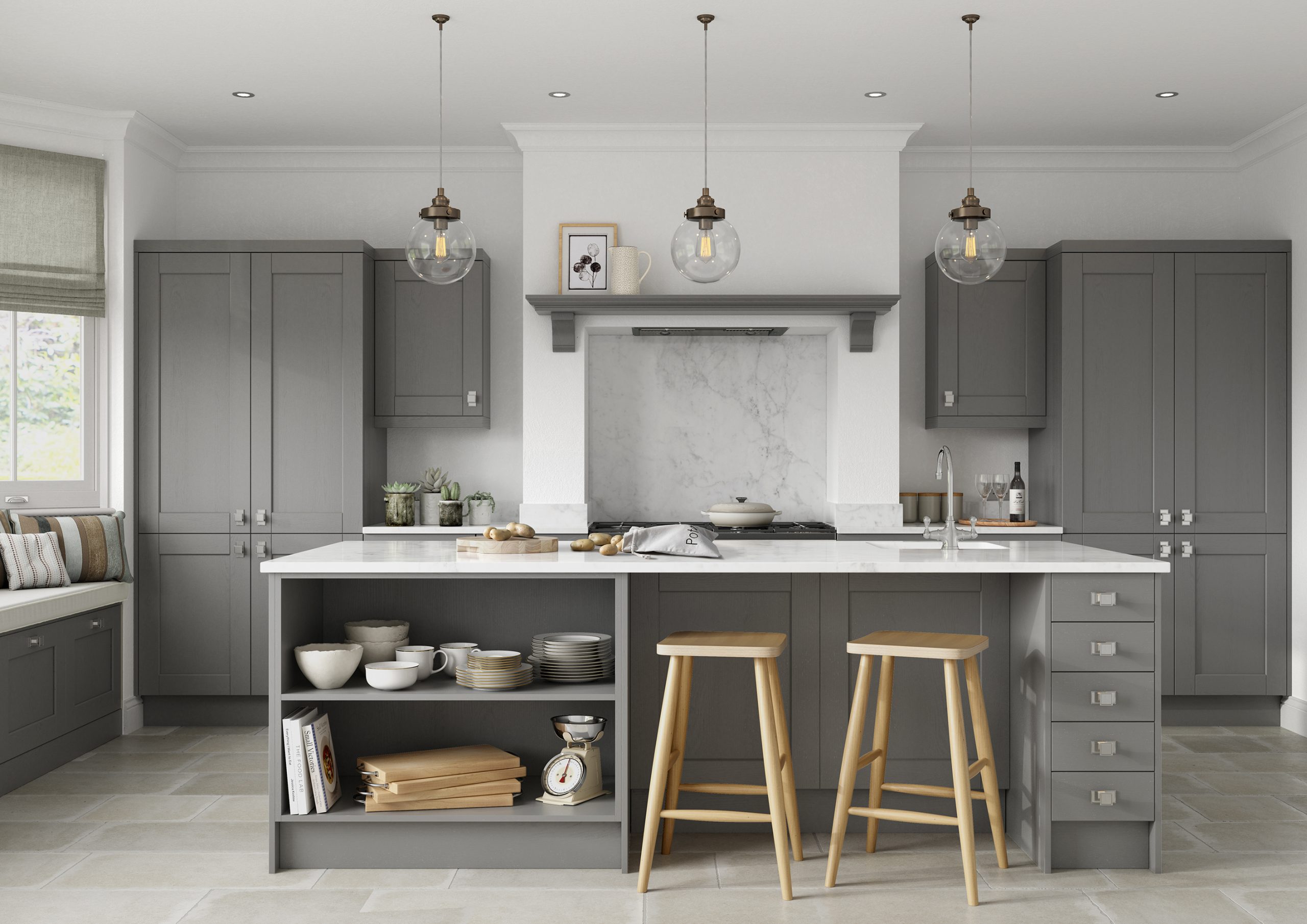 kensington durt grey kitchen with kitchen island bar stools range cooker kitchen pantry