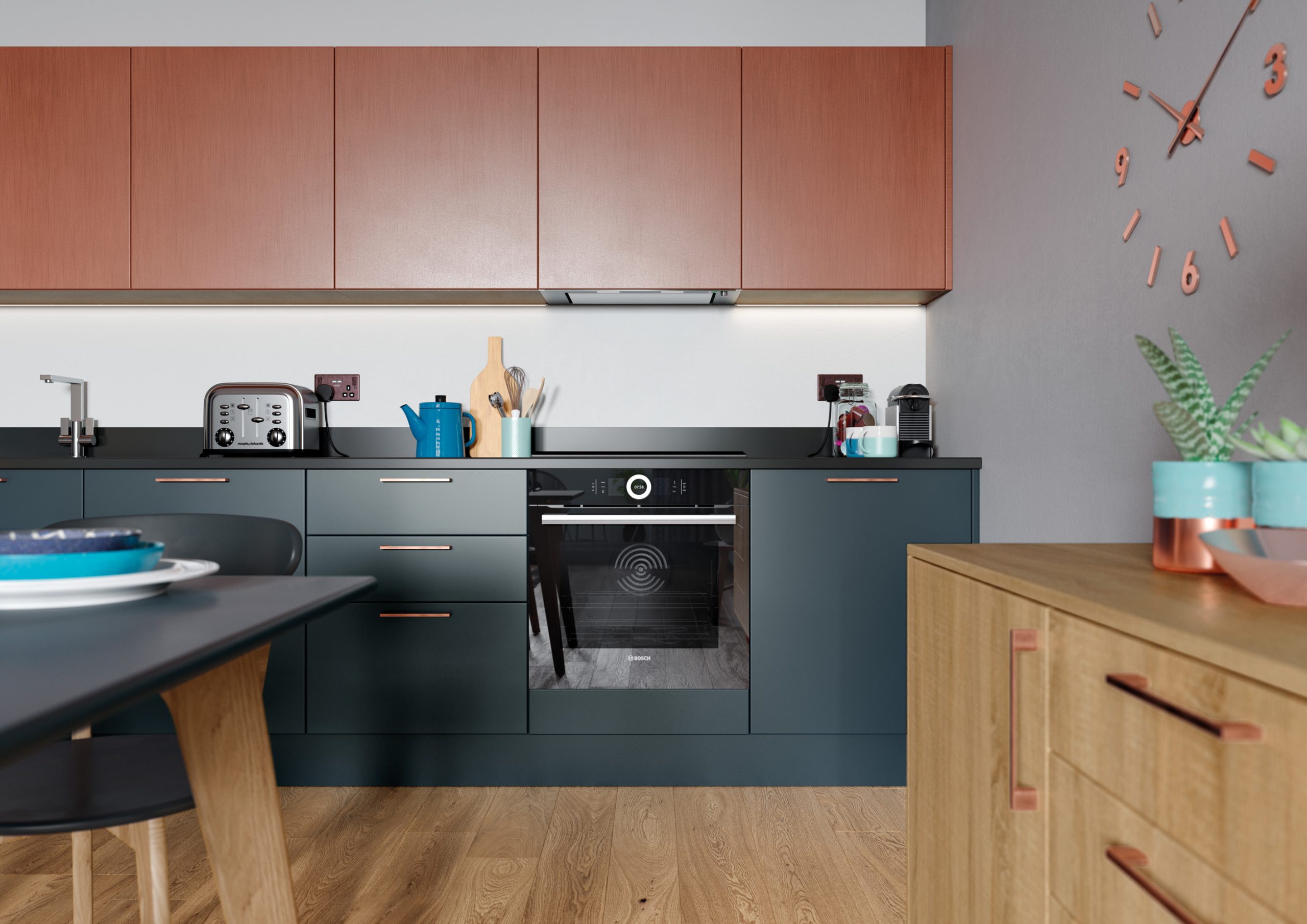 Zola Matte Marine and Ferro Copper with Rezana Light Oak kitchen diner open plan living electric oven sink unit