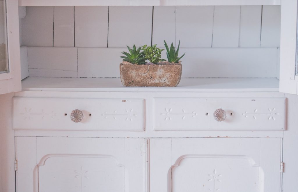 Upcycling is a great way to incorporate sustainability in your kitchen, a revamped cabinet with a plant.